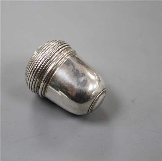 An 18th century silver acorn shaped nutmeg grater, makers mark only, David Field?, 37mm, gross 18 grams.